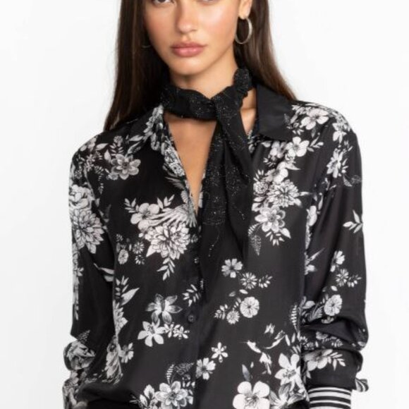 NWT Johnny Was Biya JWLA 3J Workshop Mia Heat Transfer Beaded Black Silk Scarf - Picture 1 of 7